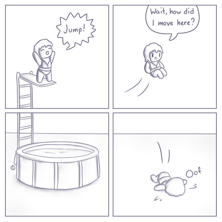 In the secret fifth panel she gets pushed off the springboard while floating to the left of it somehow.